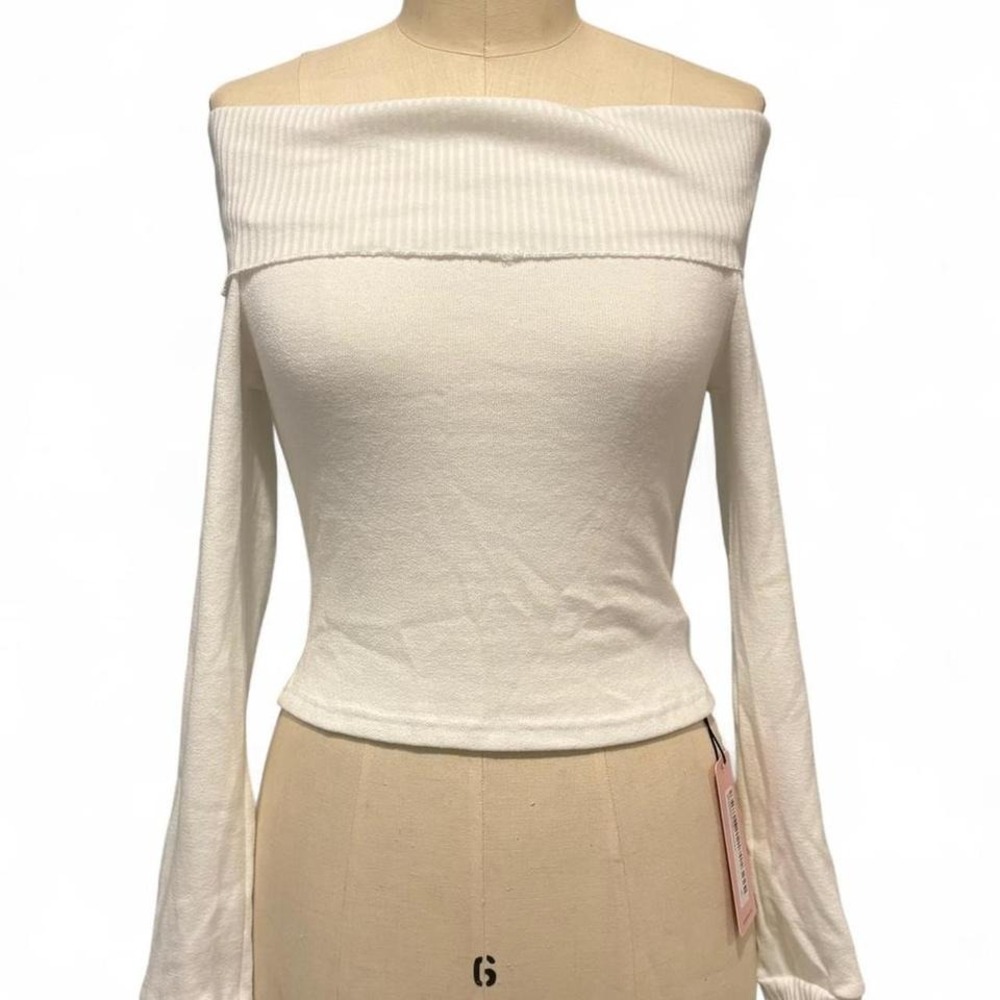 NWT Cream White Off Shoulder Sweater Top Soft Knit‎ Cottagecore Women Size S
